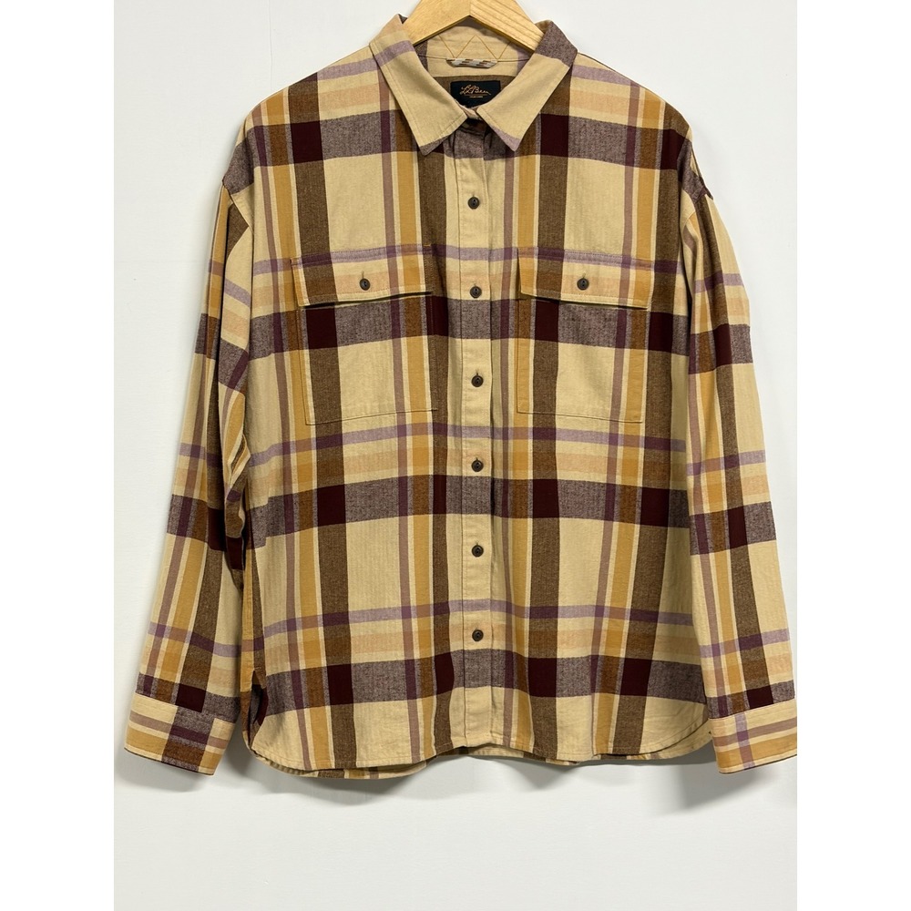 LL Bean Signature Plaid Flannel Shirt Tan Purple Brown Fall Cottagecore